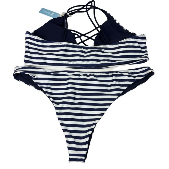 New Cupshe Navy Blue & White Striped Halter Top Bikini Swimsuit Size X Large - Picture 5 of 9